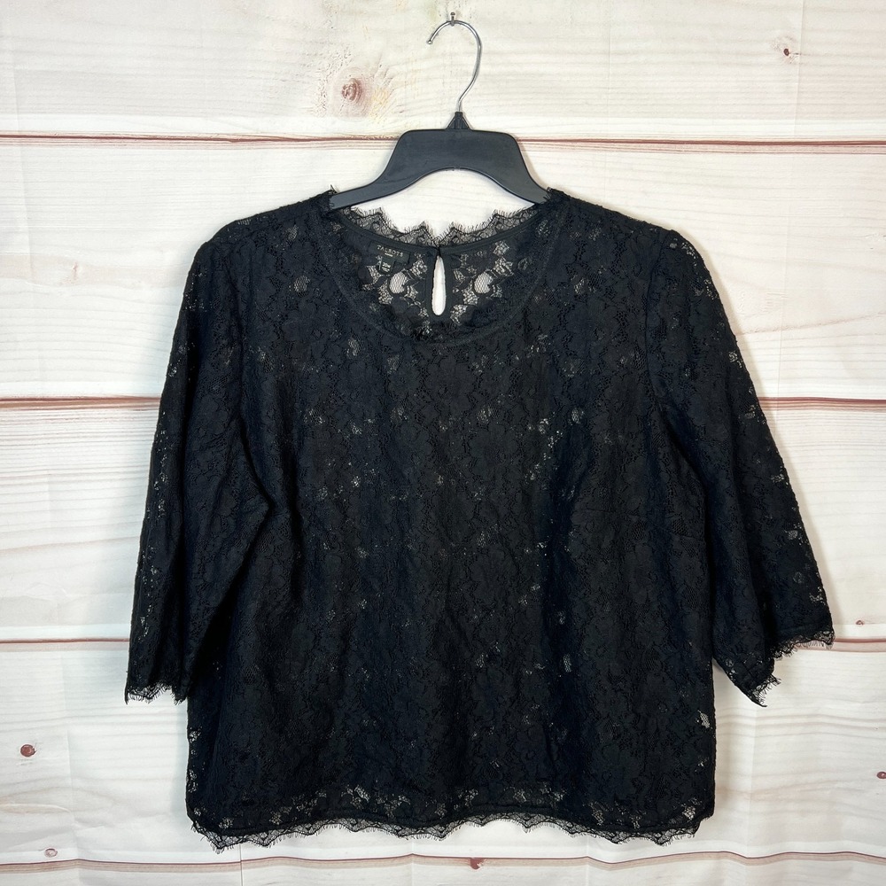 Talbots Top Womens 20W Black Lace Blouse Floral 3/4 Sleeve Round Neck Sheer